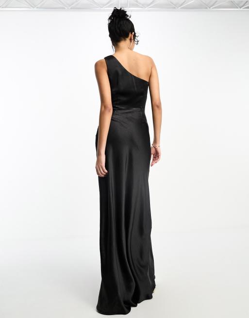 The Sei One-shoulder Silk Satin Maxi Dress in Black