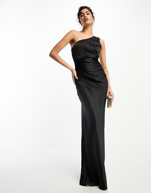 On the Guest List Black Satin One-Shoulder Maxi Dress