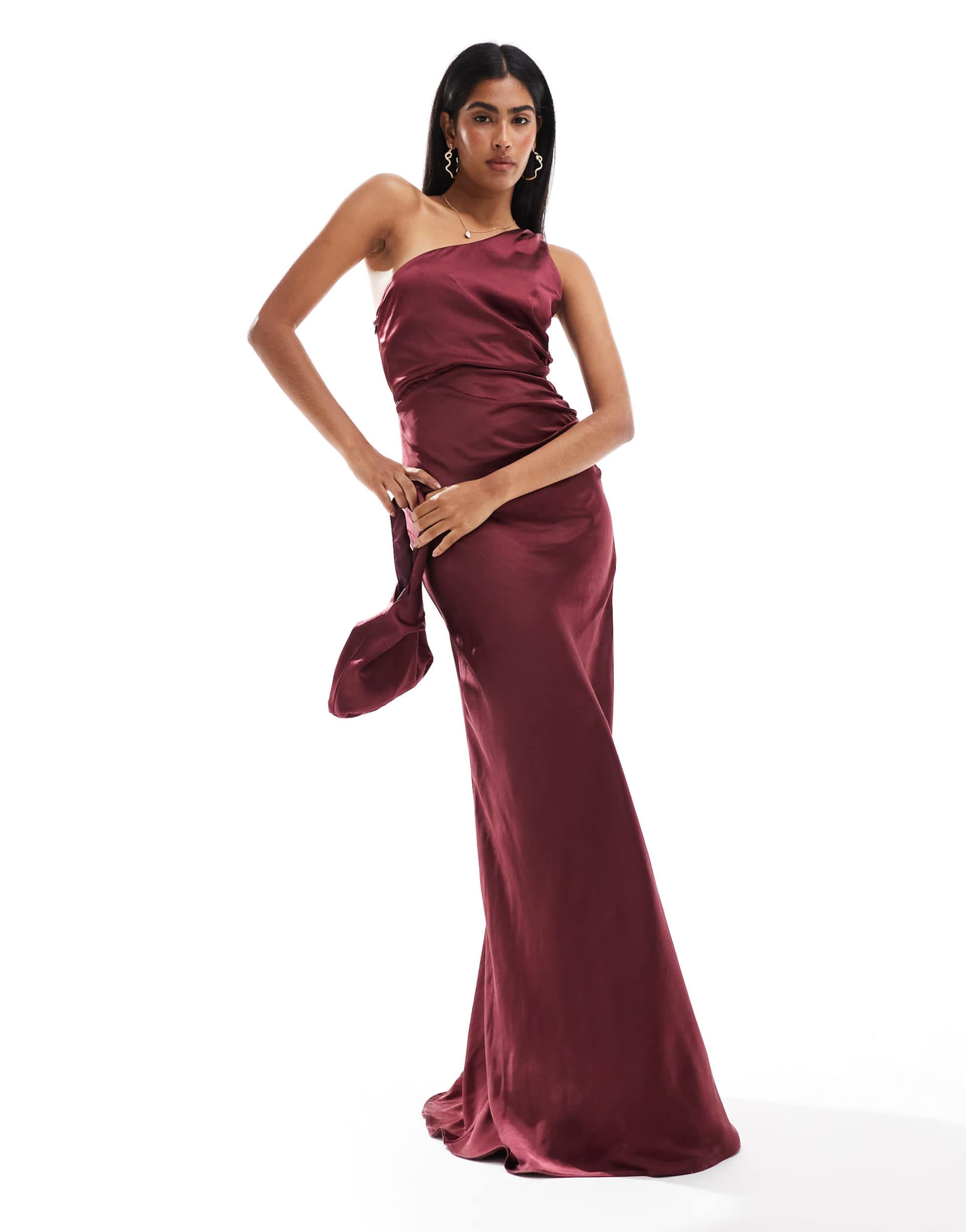 six stories bridesmaids one shoulder satin maxi dress in burgundy