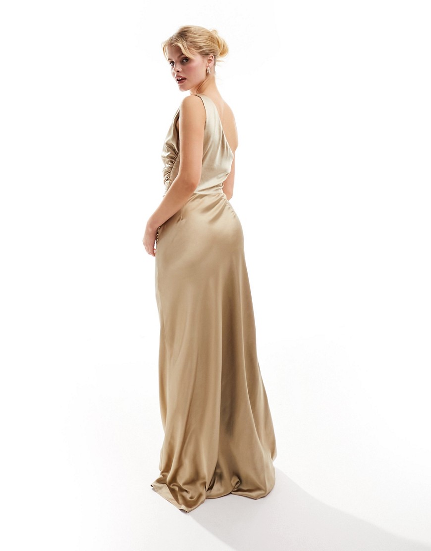 Six Stories Bridesmaids One Shoulder Satin Maxi Dress In Champagne-gold