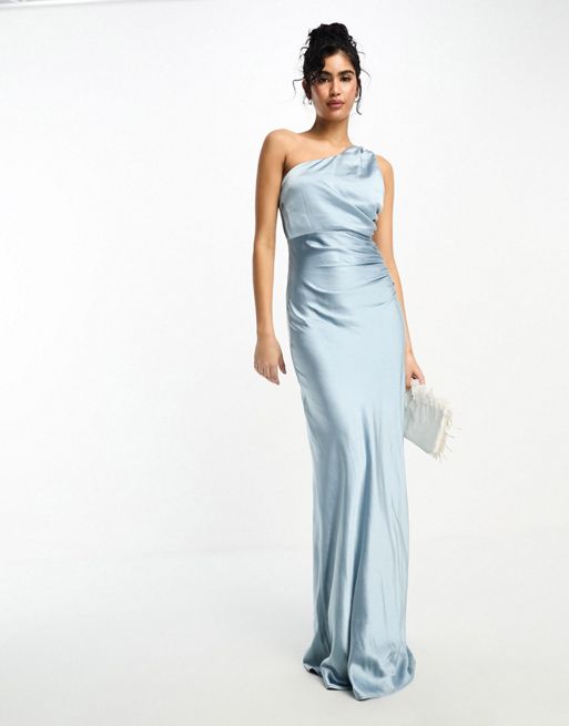 Six Stories Bridesmaids one shoulder satin maxi dress in dusty