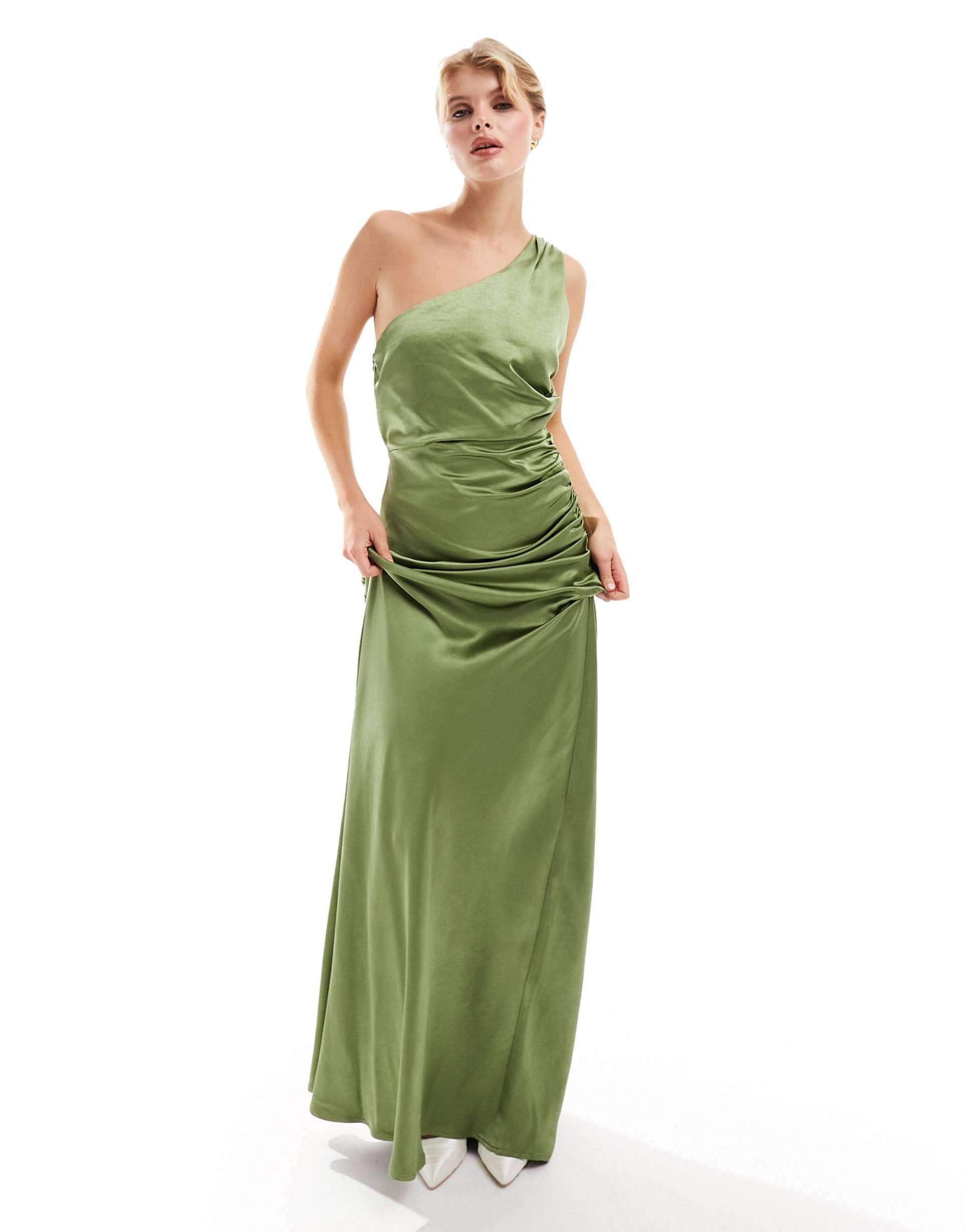 six stories bridesmaids one shoulder satin maxi dress in moss green