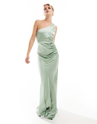 Six Stories Bridesmaids One Shoulder Satin Maxi Dress In Sage-green In Green