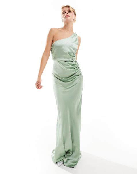 Six Stories Bridesmaids one shoulder satin maxi dress in sage - view 1