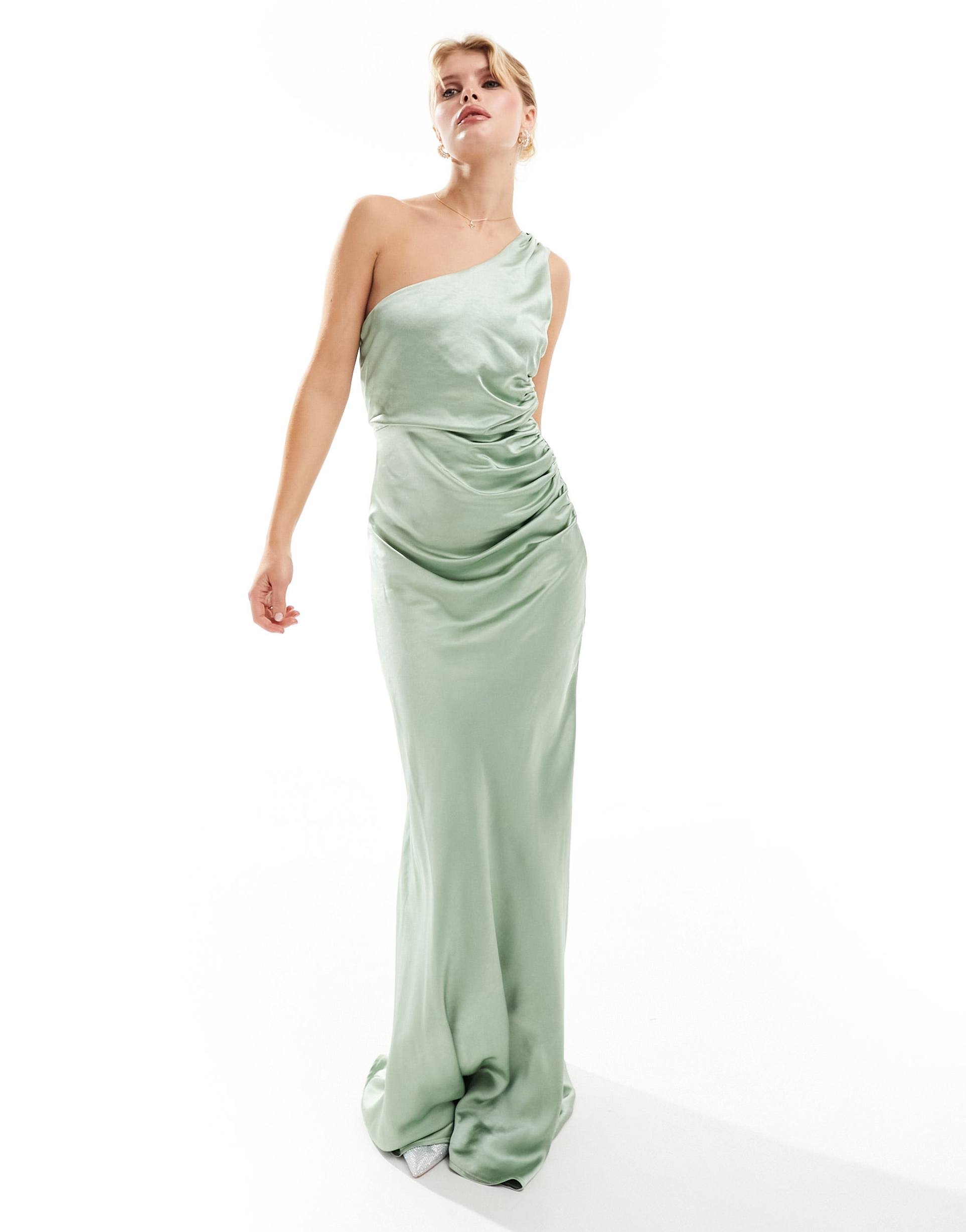 six stories bridesmaids one shoulder satin maxi dress in sage