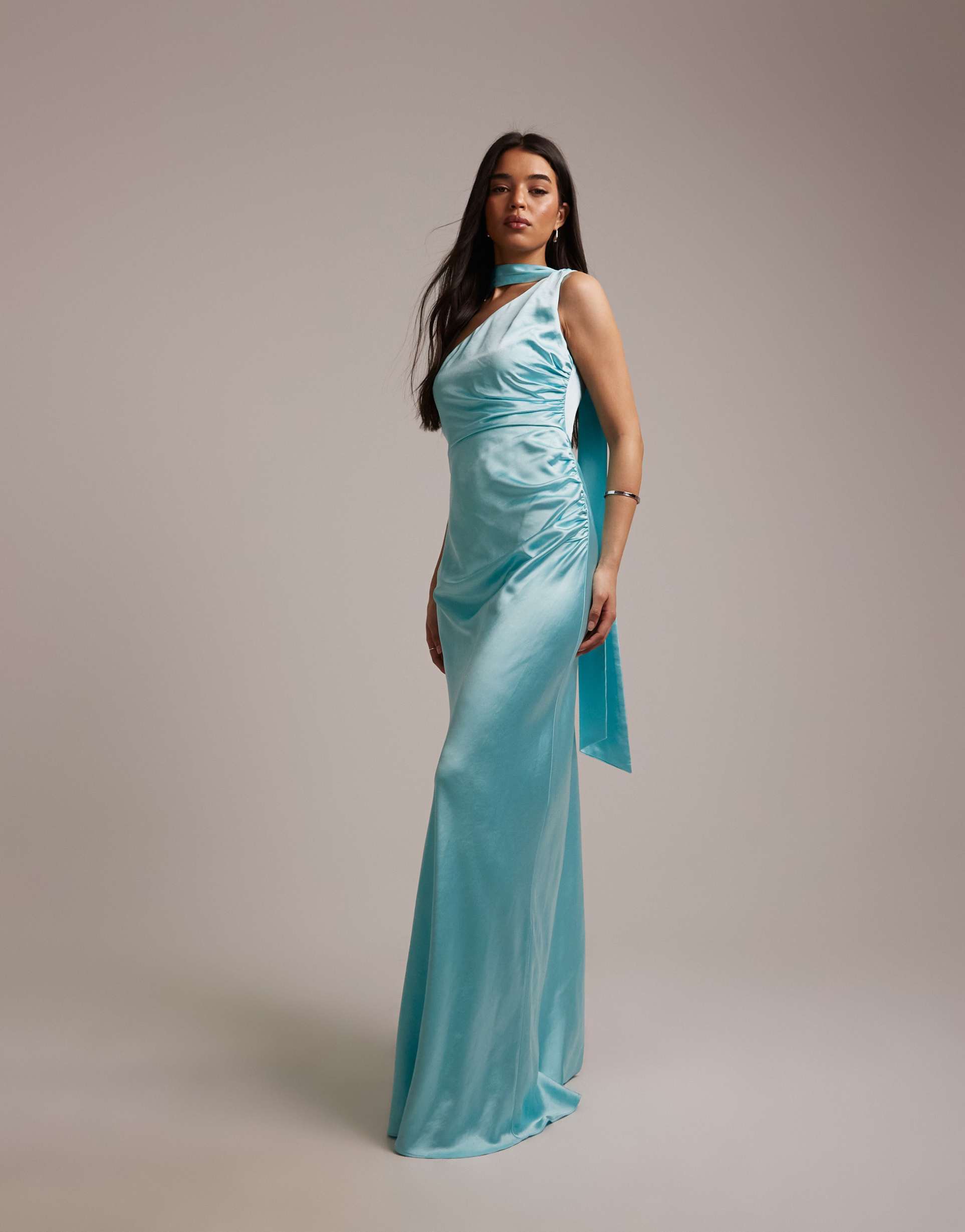 six stories bridesmaids one shoulder scarf detail gathered maxi dress in turquoise
