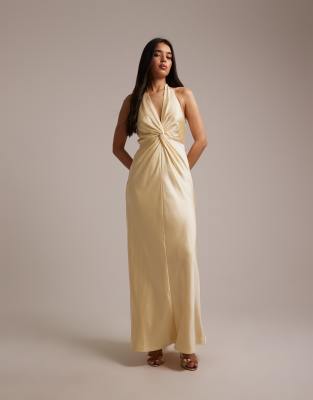 Six Stories Bridesmaids Plunge Knot Detail Satin Maxi Dress In Brown