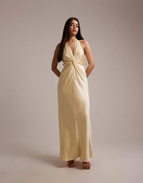Six Stories Bridesmaids satin plunge neck knot detail maxi dress in lemon
