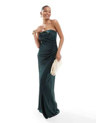 Bridesmaids ruched satin bandeau maxi dress in emerald-Green