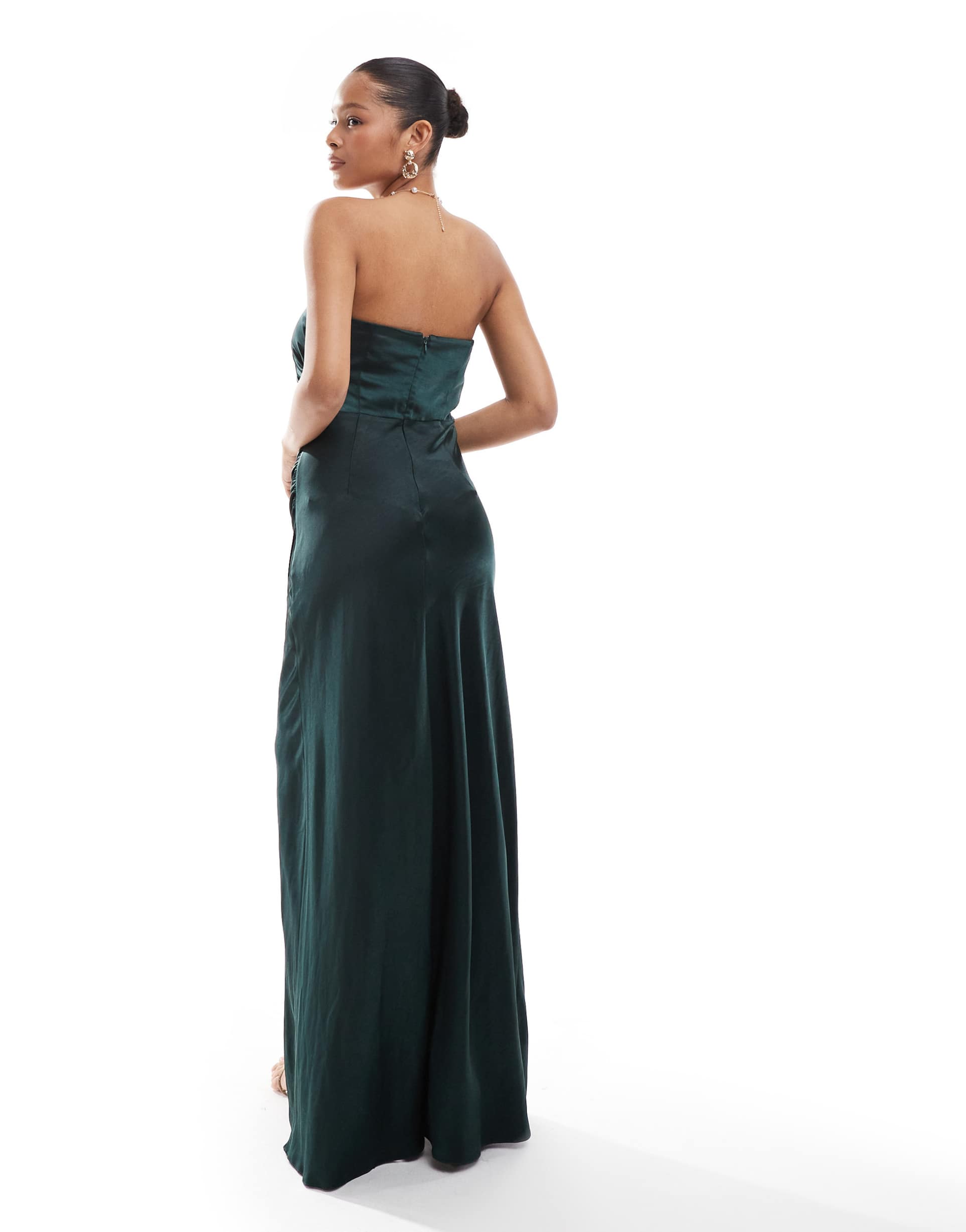 six stories bridesmaids ruched satin bandeau maxi dress in emerald