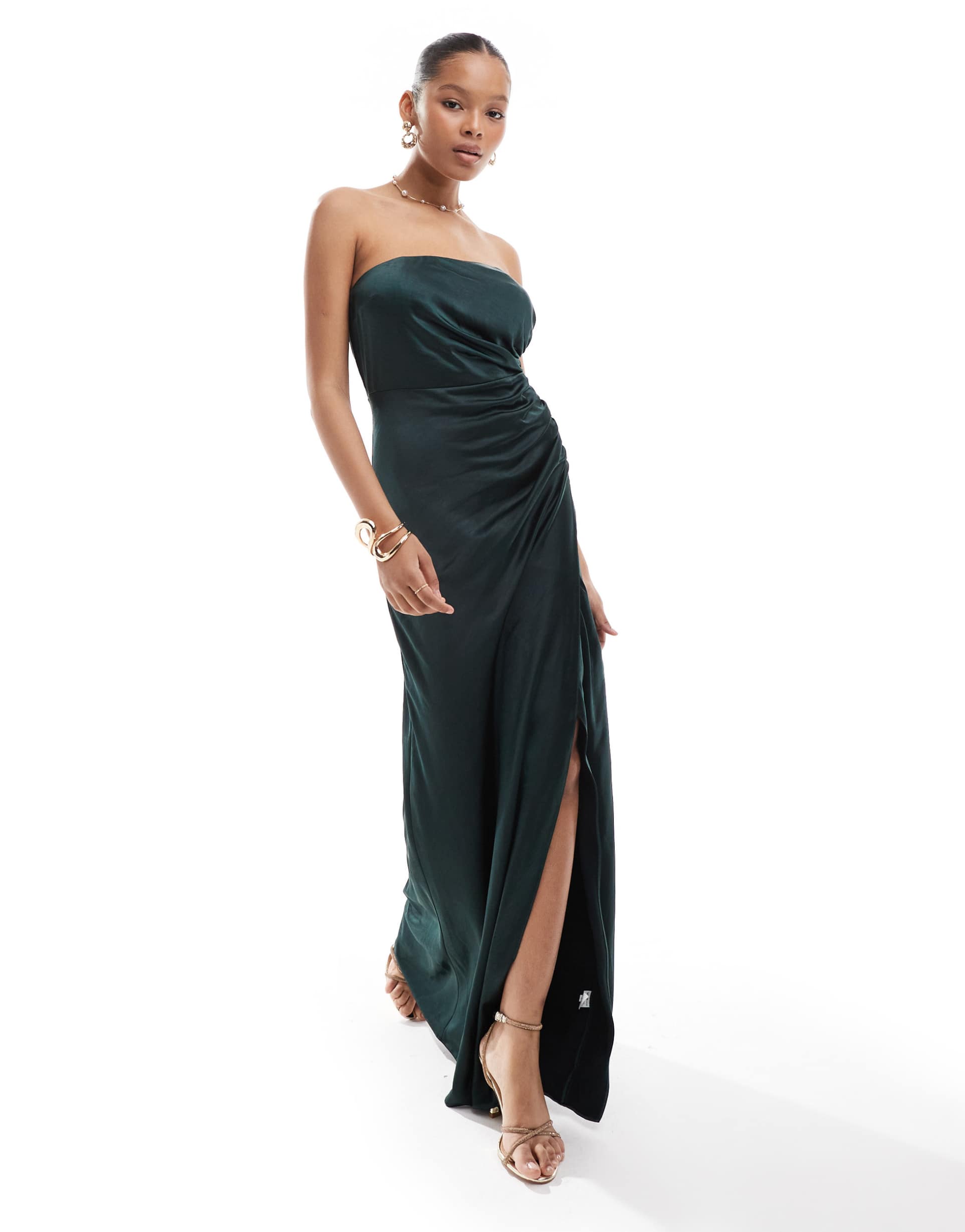 six stories bridesmaids ruched satin bandeau maxi dress in emerald