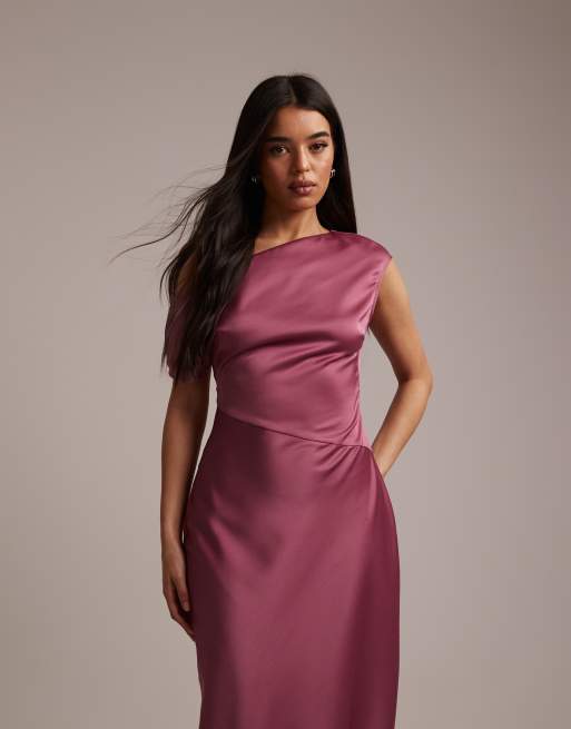 Six Stories Bridesmaids satin asymmetric off shoulder maxi dress in dark pink, 3 of 5