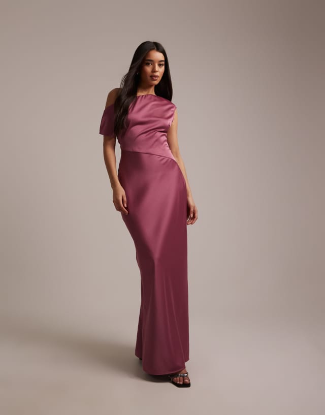 cotton candy pink bridesmaid dress story Six Stories Bridesmaids satin asymmetric off the shoulder maxi in dark 99 mm length Crafted from airy chiffon Short Sleeve Blazer Dress Silk Satin Colors:Dusty Rose 870