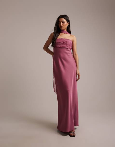Six Stories Bridesmaids satin bandeau pleated bust detail scarf detail maxi dress in dark pink - view 1