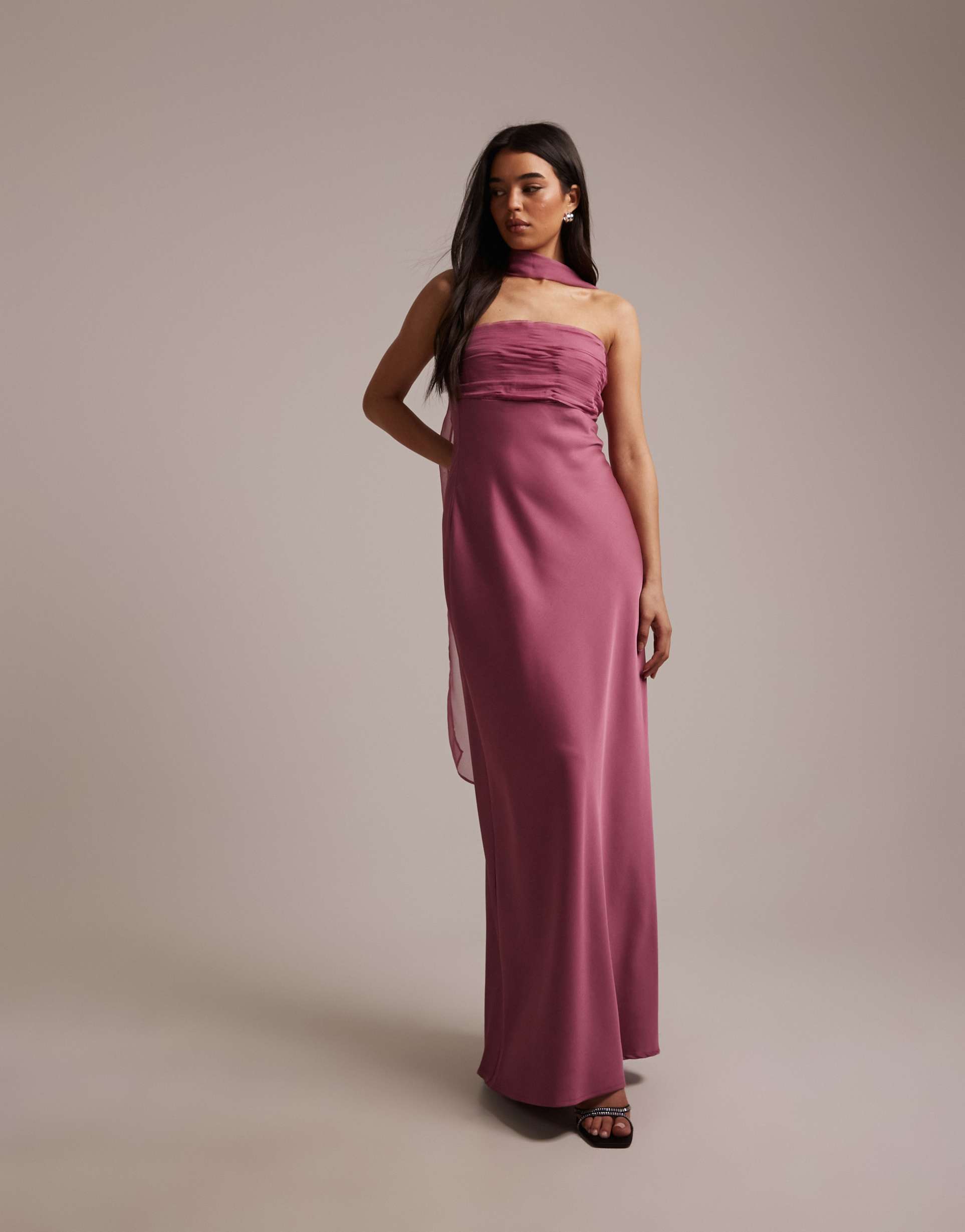 six stories bridesmaids satin bandeau pleated bust detail scarf detail maxi dress in dark pink