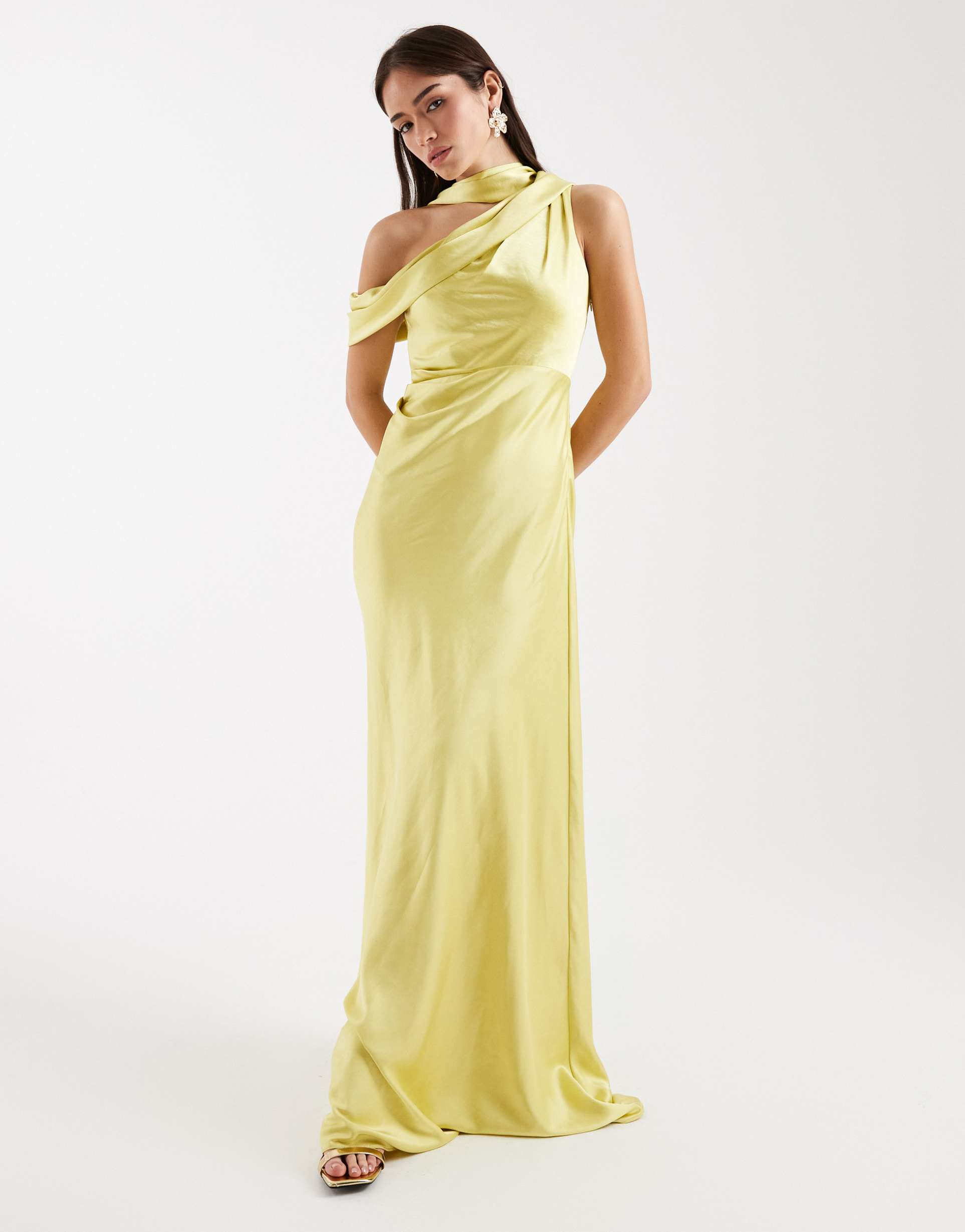 six stories bridesmaids satin drape one shoulder maxi dress in chartreuse