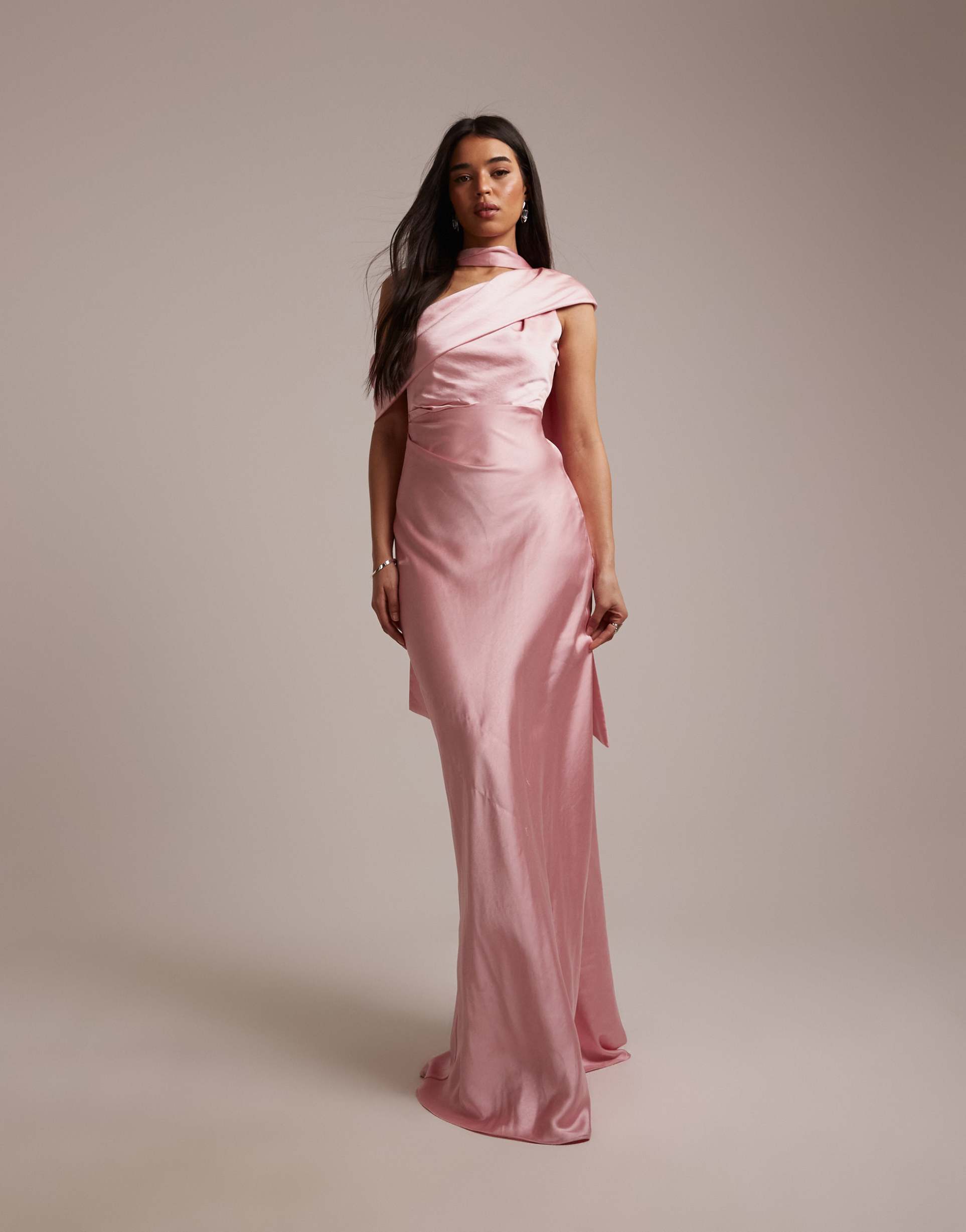six stories bridesmaids satin drape one shoulder maxi dress in rose pink