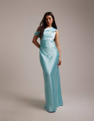 Six Stories Bridesmaids Satin Drape One Shoulder Maxi Dress In Blue