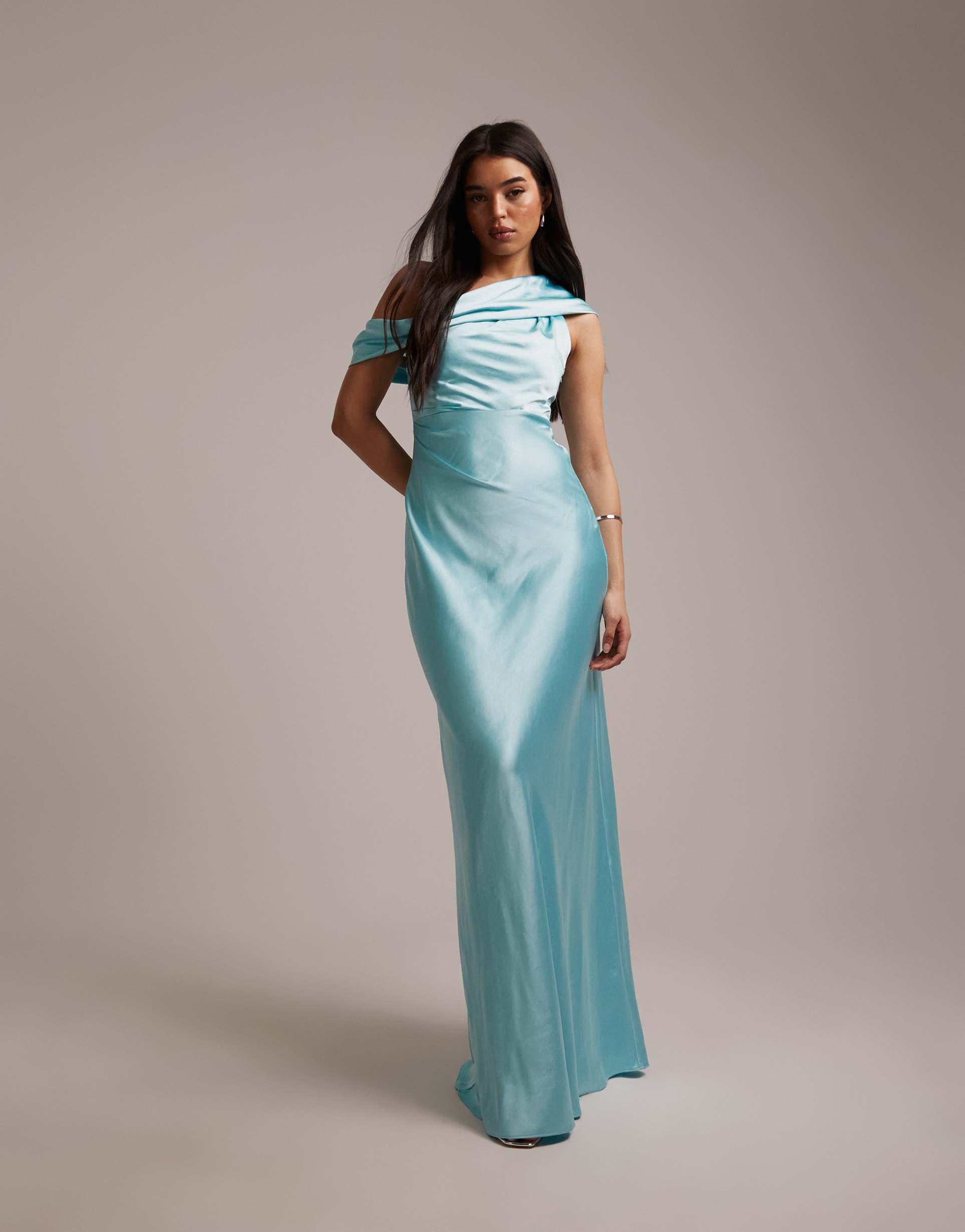 six stories bridesmaids satin drape one shoulder maxi dress in turquoise
