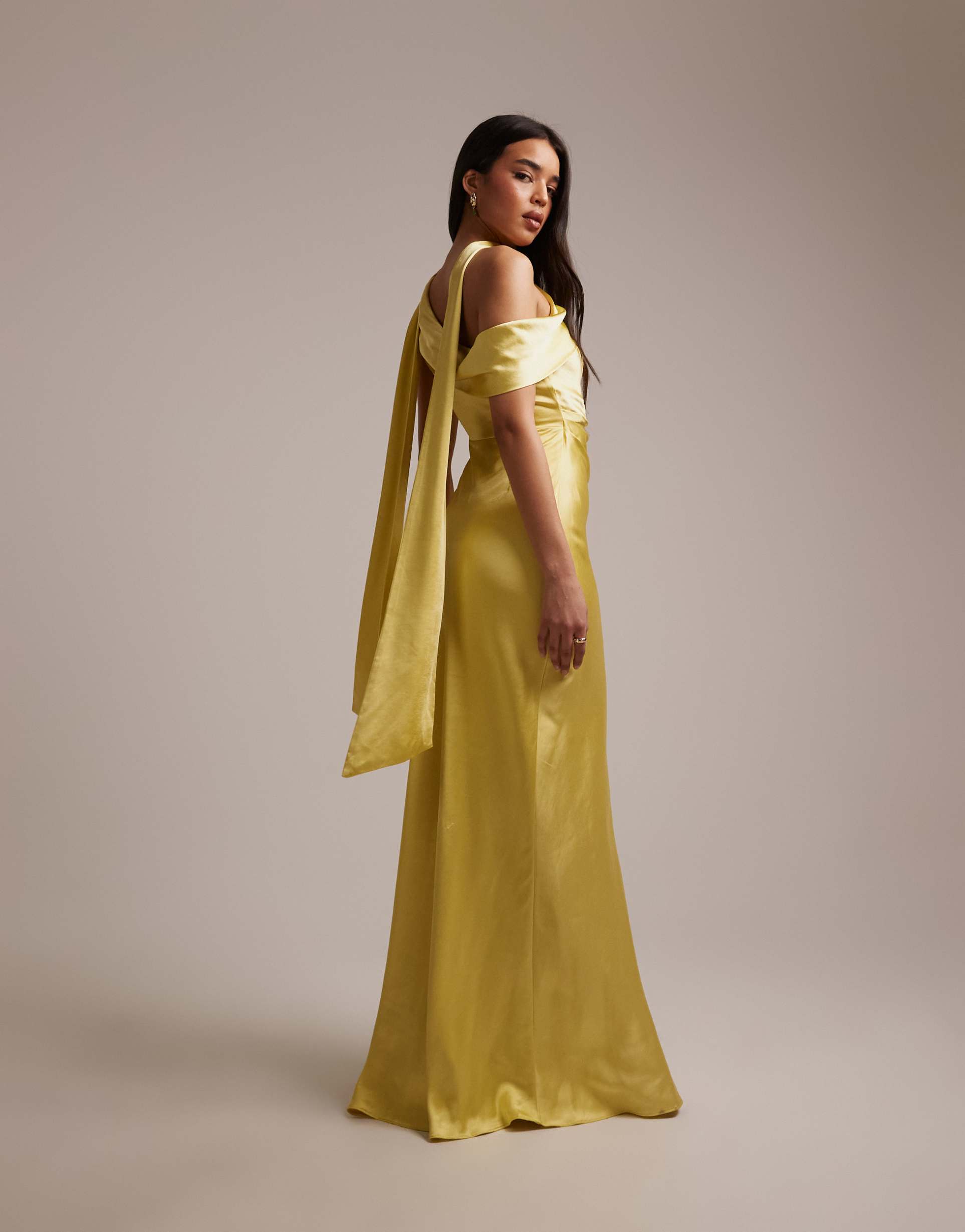 six stories bridesmaids satin drape one shoulder maxi dress in yellow
