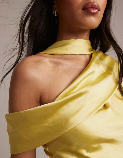 Six Stories Bridesmaids satin drape one shoulder maxi dress in yellow, 5 of 5