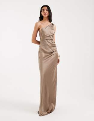 Six Stories Bridesmaids Satin One Shoulder Gathered Detail Maxi Dress In Neutral