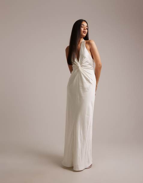 Six Stories Bridesmaids satin plunge neck knot detail maxi dress in ivory - view 1