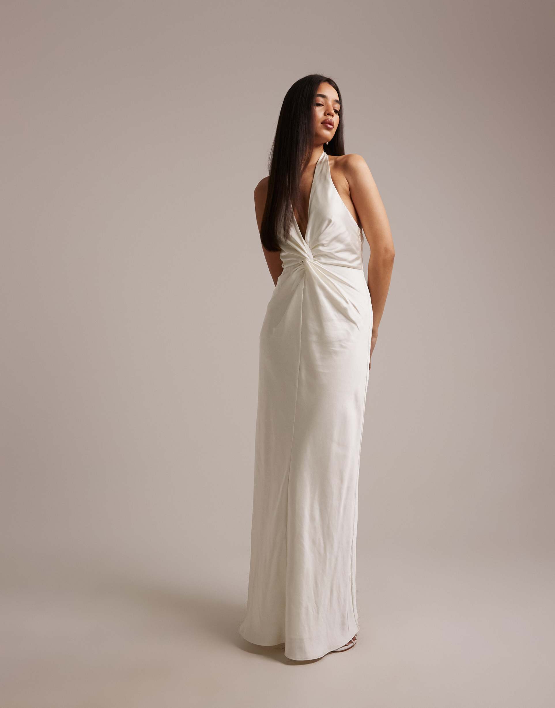 six stories bridesmaids satin plunge neck knot detail maxi dress in ivory