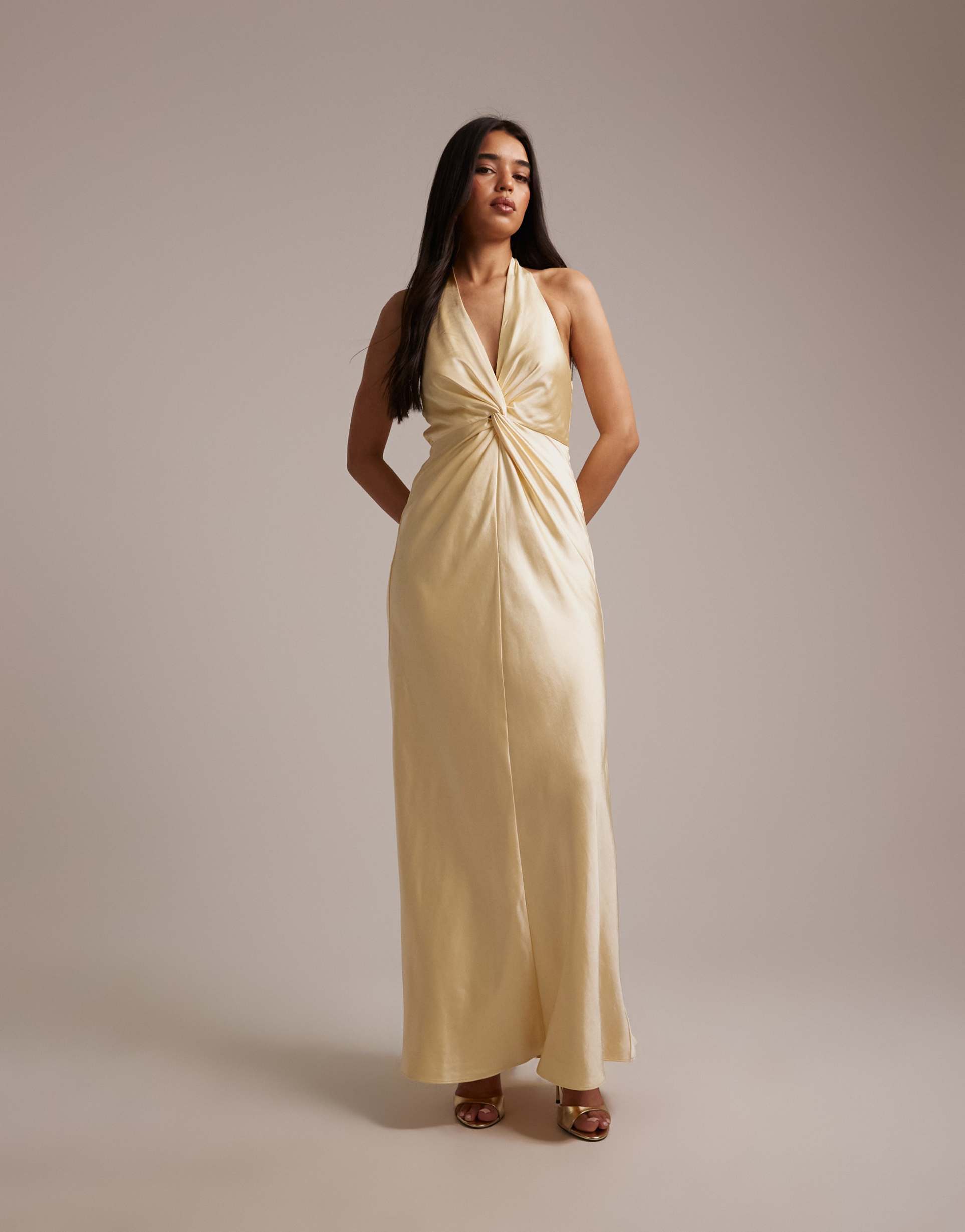 six stories bridesmaids satin plunge neck knot detail maxi dress in lemon