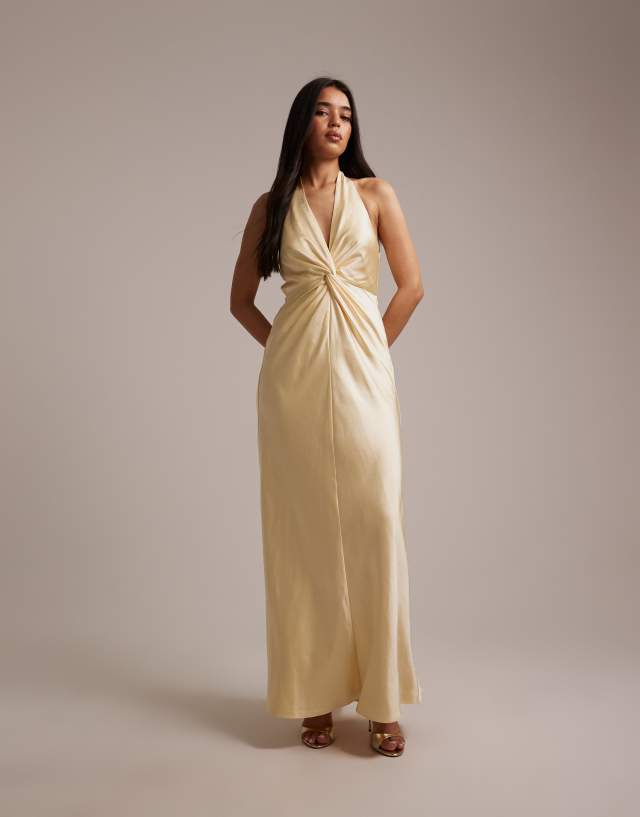 knot bridesmaid dresses Womens Six Stories Yellow Plunge Detail Satin Dress US 4 Formal dresses Color:#54-Slate Gray Bridesmaid Dress Vacation Pool Party Outfit Lace Up Sleeve Length
