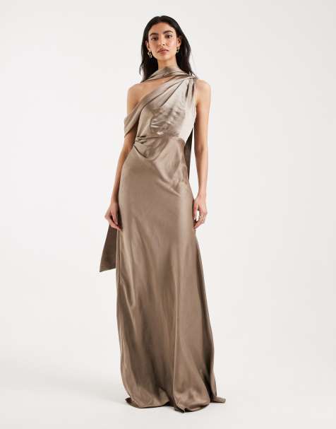 Six Stories Bridesmaids satin scarf detail one shoulder maxi dress in mocha - view 1
