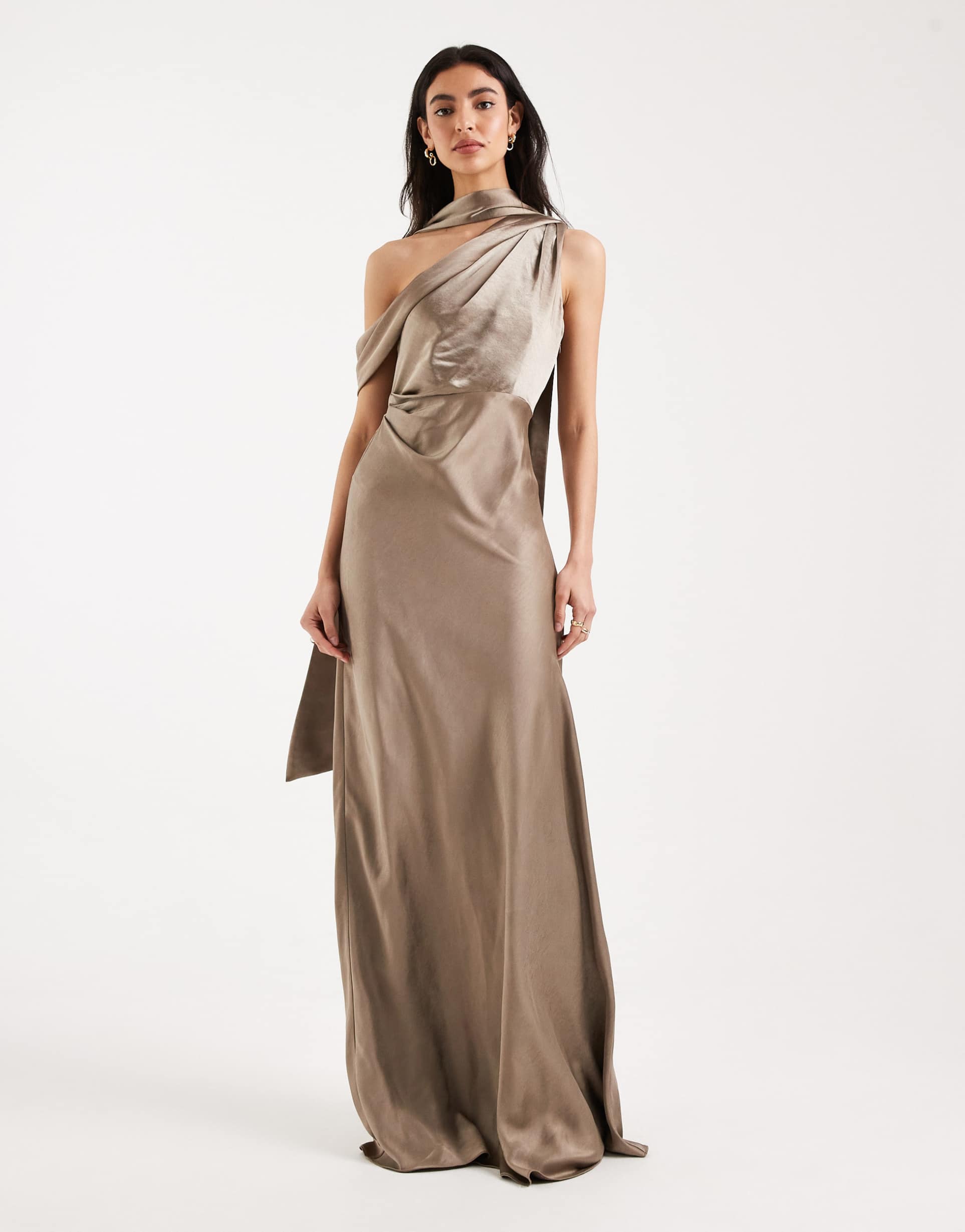 six stories bridesmaids satin scarf detailing one shoulder maxi dress in mocha