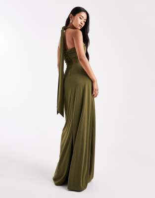 Six Stories Bridesmaids Stretch Asymmetric Halterneck Maxi Dress In Green