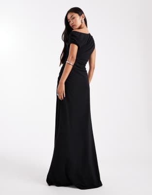 Six Stories Bridesmaids Stretch Asymmetric Shoulder Detail Maxi Dress With Ruching In Black