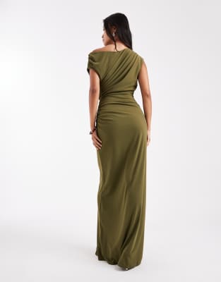 Six Stories Bridesmaids Stretch Asymmetric Shoulder Detail Maxi Dress With Ruching In Green