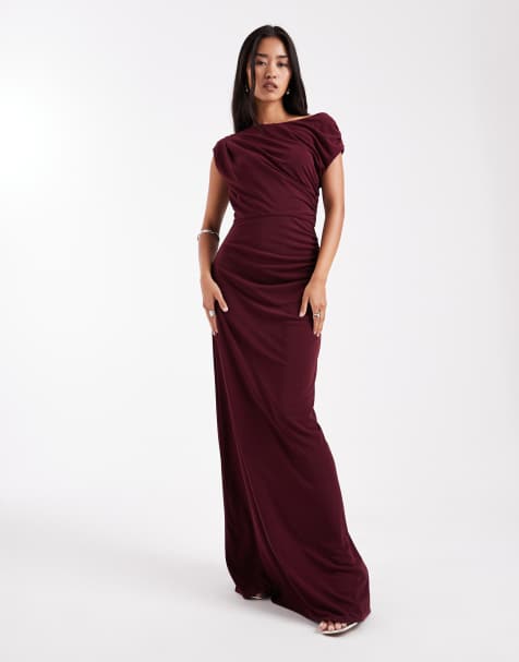 Six Stories Bridesmaids stretch asymmetric shoulder detail maxi dress with ruching in wine - view 1
