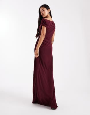 Six Stories Bridesmaids Stretch Asymmetric Shoulder Detailing Maxi Dress With Ruching In Red