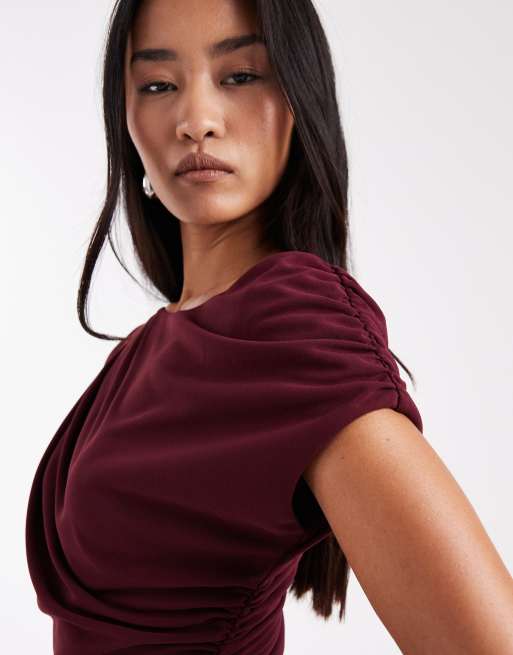 Six Stories Bridesmaids stretch asymmetric shoulder detailing maxi dress with ruching in wine, 4 of 4