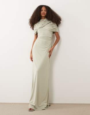 Six Stories Bridesmaids Stretch Cape Detail Maxi Dress In Green