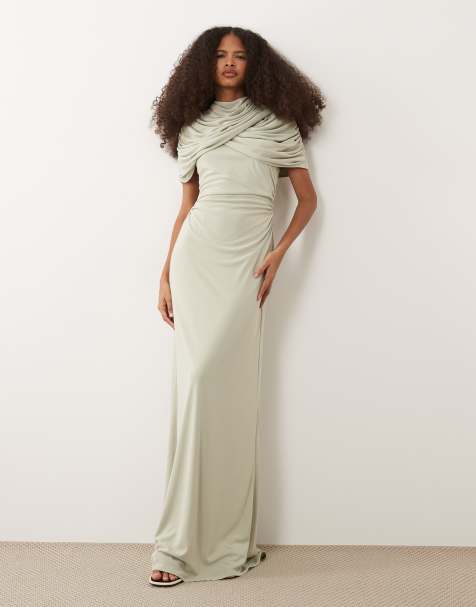 Six Stories Bridesmaids stretch cape detail maxi dress in sage - view 1