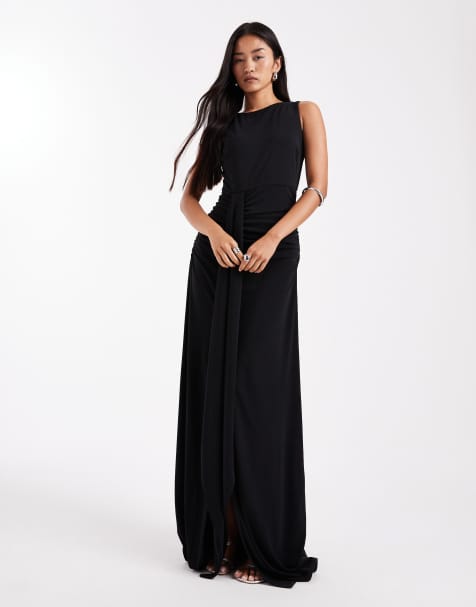 Six Stories Bridesmaids stretch high neck sleeveless maxi dress with ruched front in black - view 1