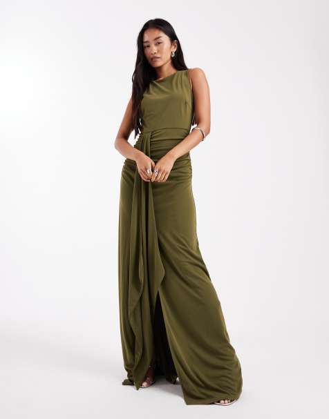 Six Stories Bridesmaids stretch high neck sleeveless maxi dress with ruched front in green