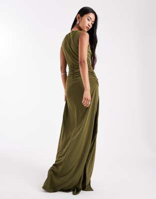 Six Stories Bridesmaids Stretch High Neck Sleeveless Maxi Dress With Ruched Front In Green