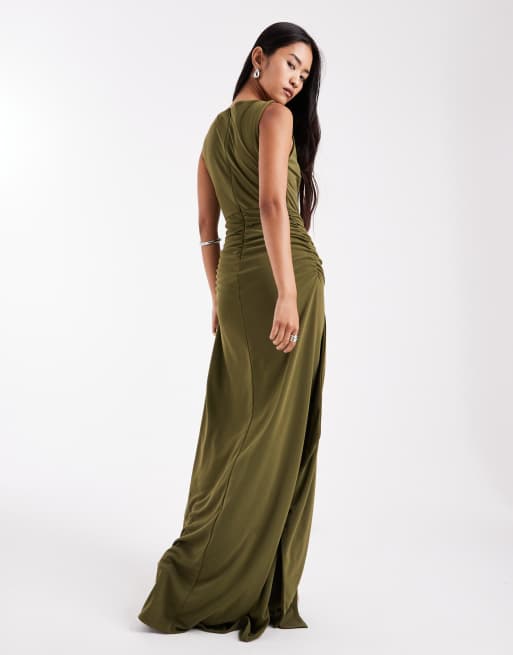 Six Stories Bridesmaids stretch high neck sleeveless maxi dress with ruched front in green, 2 of 4