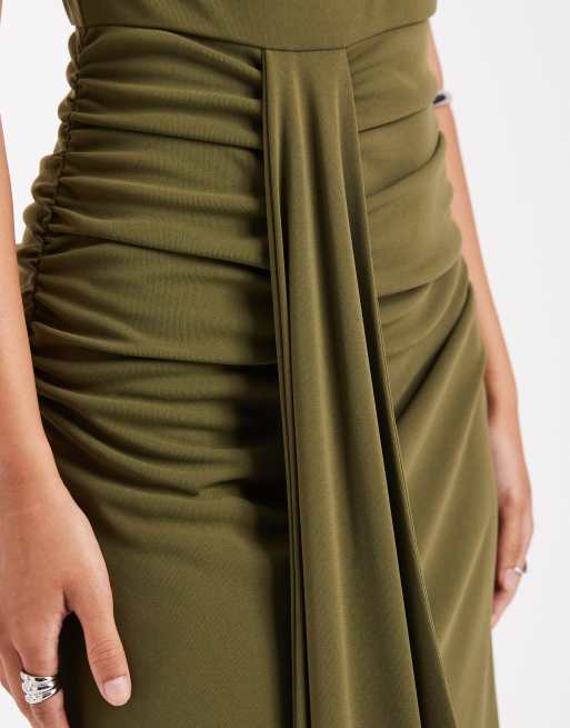 Six Stories Bridesmaids stretch high neck sleeveless maxi dress with ruched front in green, 3 of 4
