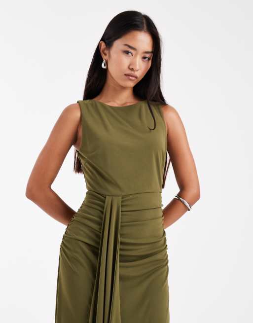 Six Stories Bridesmaids stretch high neck sleeveless maxi dress with ruched front in green, 4 of 4
