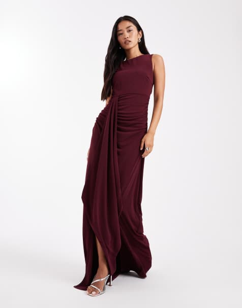 Six Stories Bridesmaids stretch high neck sleeveless maxi dress with ruched front in wine - view 1