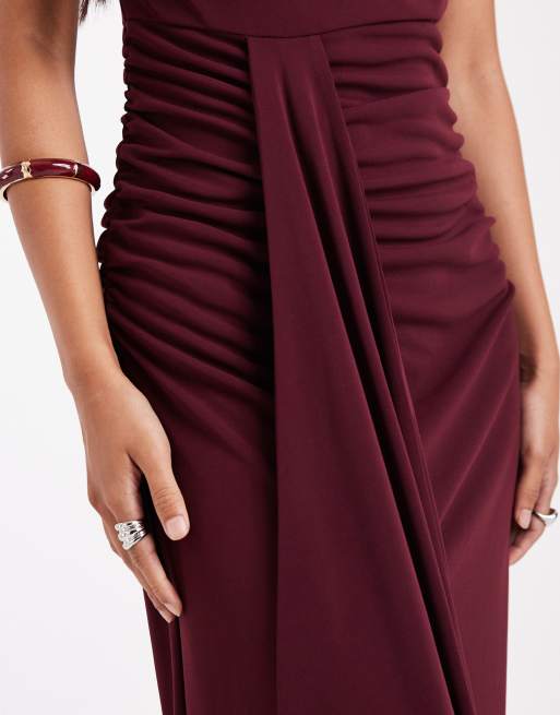 Six Stories Bridesmaids stretch high neck sleeveless maxi dress with ruched front in wine, 3 of 4