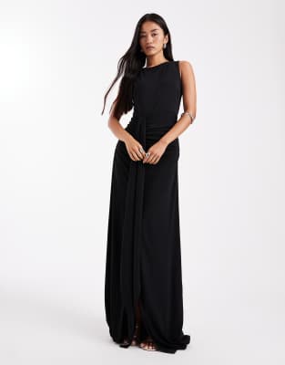 Six Stories Bridesmaids Stretch High Neck Sleeveless Maxi Dress With Ruched Front In Black