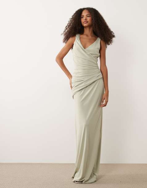 Six Stories Bridesmaids stretch v neck ruched panel maxi dress in sage - view 1